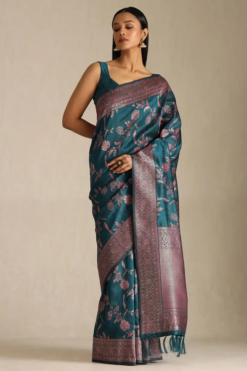 Teal Tussar Floral Print Saree With Zari Woven